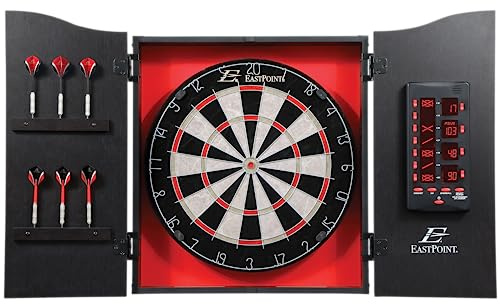 EastPoint Tournament Bristle Dartboard - 18-Inch Red/Black - Self-Healing Sisal Surface & Steel Tip Darts - LED Scoreboard & Dart Boards for Adults - Easy-Mount Cabinet & Game Room Decor