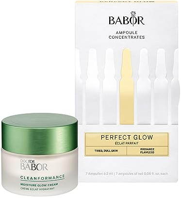 BABOR Perfect Glow Set, DOCTOR BABOR CLEANFORMANCE Moisture Glow Gesichtscreme für trockene Haut, 50 ml + BABOR Perfect Glow, Serum Ampullen für das Gesicht, Mit Glow Pigmenten, vegane Formel, 7x2 ml