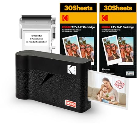 KODAK Mini 2 ERA 4PASS Impresora de Fotos Portátil (5,3x8,6cm) (Impresora + Pack con 68 Hojas (8 Hojas Iniciales + 60 Hojas), Negro)