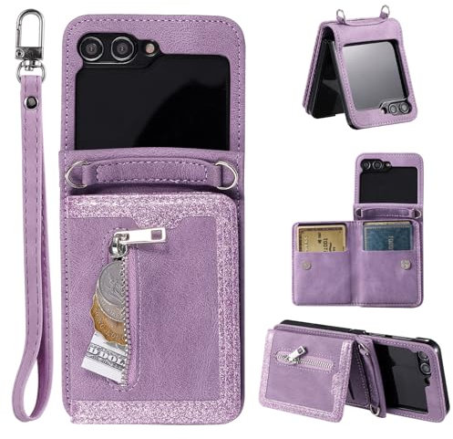 EYZUTAK Wallet Phone Case for Samsung Galaxy Z Flip 5, Retro Matte 4 Card Holder Slots 1 Zipper Pocket Premium PU Leather Cover Magnetic Closure with Wrist Strap Folio Flip Case - Purple