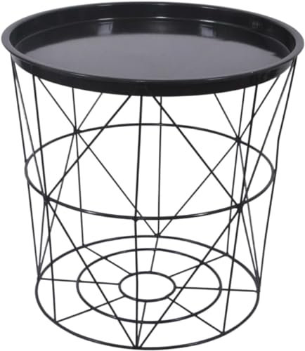 PRICECRUNCHERS Black Geometric Iron Metal Wire Round Tray Top Storage Side Table Basket