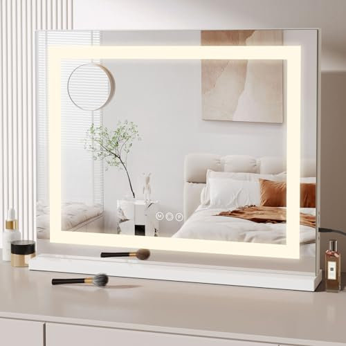 Dripex Miroir Maquillage Lumineux 58 x 48cm, Miroir LED Miroir Coiffeuse, Contrôle Tactile, 3 Modes, Luminosité Réglable, Miroir de Table et de Mur - Blanc