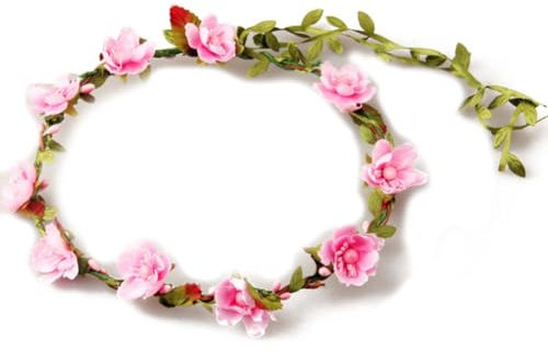 Rockreyoa Blumenkranz Verstellbar Damen Haarband Blumen Haare Blumenkrone Boho Stirnband Kopfschmuck mit grünem Blattband für Frauen Hochzeit Party Festival Zeremonie Fotografie-Requisiten Rosa