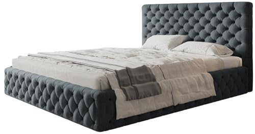 AlpiMeble Polsterbett Miami Slim mit Kopfteil, 160 x 200 cm, Doppelbett mit Bettkasten und Lattenrost aus Holz, Farbe: Dunkelgrau, Velourestoff