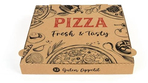 Hypafol Pizza-Box 100 Stück 32x32x4cm I Pizzakartons für Restaurants I extra Luftlöcher & raffinierte Falzung I lebensmittelecht I recycelte Kartonage I braun I viele Größen