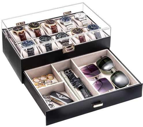 ProCase Uhrenbox mit 10 Fächern,Uhrenkasten mit Schublade, Men’s Watch Box, Uhrenaufbewahrung Uhrenkoffer Uhrenschatulle für Herren, Uhr Aufbewahrungsbox - 10 Fächer, Schwarz