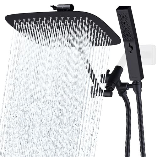 G-Promise Soffione doccia a pioggia, asta per doccia portatile, braccio di estensione regolabile, deviatore liscio a 3 vie, tubo extra lungo da 180,3 cm, colore nero opaco