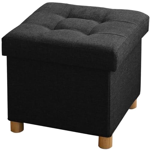 BRIAN & DANY Sitzhocker mit Stauraum, Faltbare Sitztruhe, Sitzwürfel Fußhocker mit Deckel, Holzfüße, Schwarz, 38x38x38cm