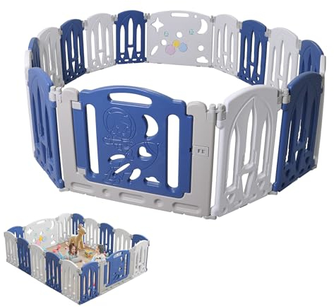 TATIVALO Laufgitter Baby Faltbar, Laufstall Baby 193x150cm Absperrgitter Krabbelgitter Schutzgitter für Kinder aus Kunststoff mit Tür, 16 Paneele