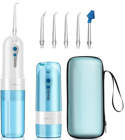 Kutery Tragbare blaue Munddusche, kabellos, wiederaufladbar, mit Reiseetui, 4 Modi & 5 Düsen, elektrischer Zahnsprüher IPX7 wasserdicht für Zuhause und Reisen