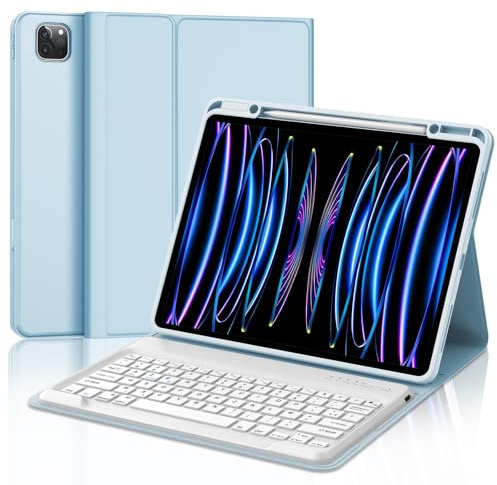 JADEMALL Coque Clavier pour iPad Pro 12.9 2022-2018 (6th/5th/4th/3rd Generation), AZERTY Français Clavier Bluetooth Magnétique Détachable pour iPad Pro 12.9, Bleu Ciel