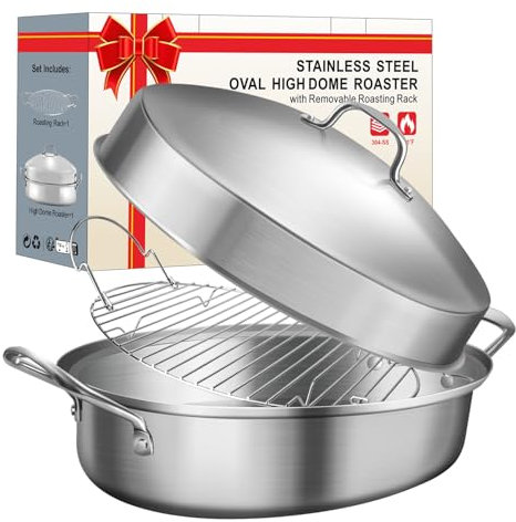 21 Inch Stainless Steel Roasting Pan with Rack and Lid For Turkey Chicken