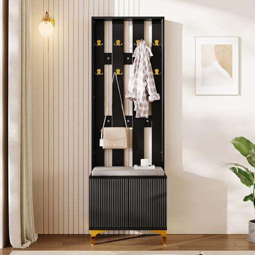 Merax Garderoben, Modern Flurgarderobe mit Sitzbank und Kissen, Garderoben mit Schuhregal für Flur, 60,5 L x 180,5 H x 35,2 B cm, Schwarz