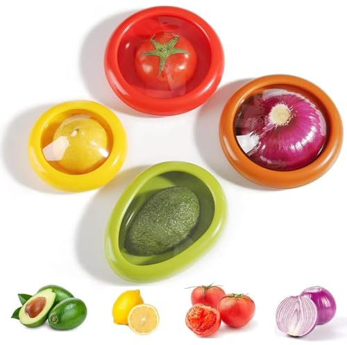 HiGropcore 2024 Silicone Fruit & Veg Storage, 4 Pack Anti-Oxidation Containers for Fridge, Reusable Avocado, Tomato, Onion, Lemon Saver