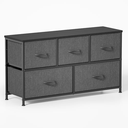 Xbro Kommode,Kommode Schrank mit 5 Schubladen aus Stoff, Kommode Schlafzimmer, Kommode mit Holzplatte und Metallrahmen für Schlafzimmer, Wohnzimmer, Flur (Dunkelgrau)