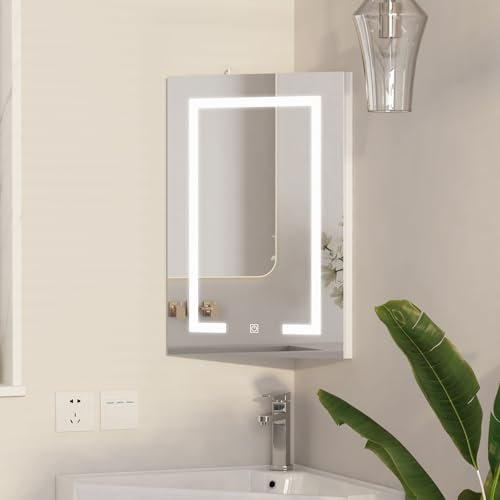 KEEPREAPER Spiegelschrank Bad mit Beleuchtung für Ecke, Eckspiegelschrank Eckschrank mit Spiegel und 3 Ablagen für Badezimmer, 42x30x60cm