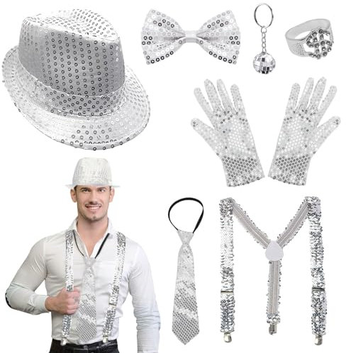 TUONYIS 7 Piezas Sombrero de Traje de Danza de Jazz, Accesorios de Lentejuelas para Hombres, Guantes de Discoteca Corbata Sombrero de Lentejuelas Pajarita, para Fiestas Temáticas (Plata) (Plata)