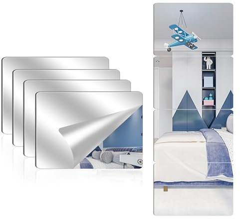 Vandlciad Paquete de 4 espejos acrílicos para pared, 8 x 8 pulgadas, autoadhesivos sin marco, hojas de espejo de plástico flexible para dormitorio, hogar, gimnasio, puerta (12 x 16 pulgadas)