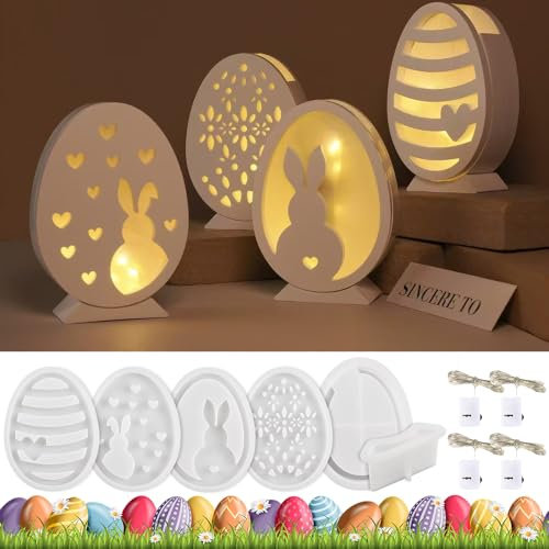 Oster Gießformen, 6 er Set Ostereier Silikonform mit 4pcs Mini LED Lichterkette, Silikon Giessform Ostern, Gibs Gießform Ostern, Gießformen Gips Ostern, Silikonform Hase, Silikonformen für Ostern