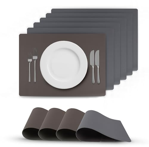 Bestlivings Tischset (6er Set) abwischbares Lederimitat Platzdeckchen 46x33cm - Doppelseitiges Unifarben (Grau/Dunkelgrau) Kunstleder Platzset