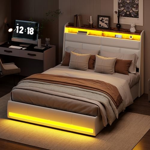LONELYO Doppelbett 140x200 mit LED-Beleuchtung & Gasdruckfeder – Modernes PU-Leder in Weiß, Stauraum unter Bett & Beleuchtetes Kopf-/Fußteil – Inklusive Stabilen Metallrahmen