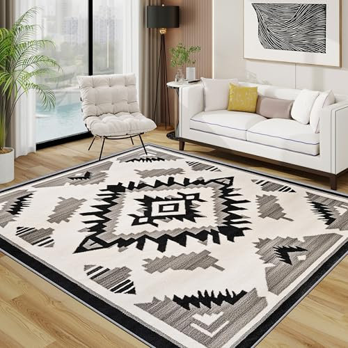 Azteken Teppich 200x200 cm, Ethnisch Geometrisch Navajo Waschbarer Teppiche Wohnzimmer, Beige Schwarz rutschfest Antirutsch Groß Teppiche Für Esszimmer, Quadratisch, Schwarz Grau Weiß