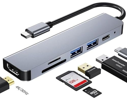 Revinta 6-in-1 USB-C Hub Adapter, HDMI 4K, Micro SD, USB 3.0, 40MB/s, 15cm Kabel, Silber, für MacBook und Laptop