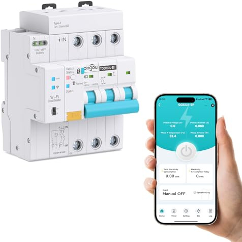 TONGOU Disjoncteur WiFi RCBO 3P 63 A 30 mA - Disjoncteur FI type A pour la maison et les prises - Icu10ka - Montage DIN - Télécommande intelligente