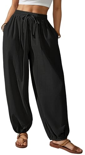 Bsubseach Womens Cotton Harem Pants Elastic Waist Baggy Pant Drawstring Balloon Trouser Loose Beach Pants with Pockets Black M