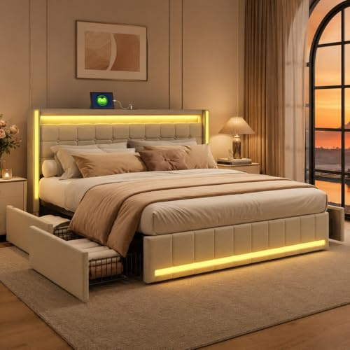 Polsterbett Doppelbett 160 x 200 cm,Bettkasten mit LED, gepolstertes Bett mit 4 Schubladen,Stauraumbett mit USB-Ladeanschlüssen und Typ-C-Ladeanschlüssen,Funktionsbett,LED Doppelbett