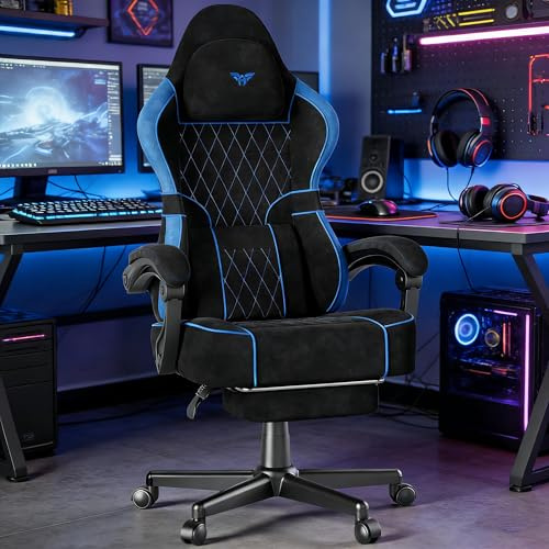 Soontrans Gaming Stuhl mit Massage Lendenwirbelstütze, Gepolstert Gaming Chair, Gaming Stuhl Ergonomisch mit Fußstütze, Samt, 90-160° Rückenlehne verstellbar Gaming Sessel（schwarz&blau）