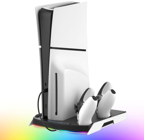 NITHO Supporto PS5 con Ventola di Raffreddamento e Doppia PS5/Edge Controller Charger, Base Verticale Multifunzione Compatibile con PS5/Pro/Slim, con Hub USB e Luci RGB - Accessori PS5