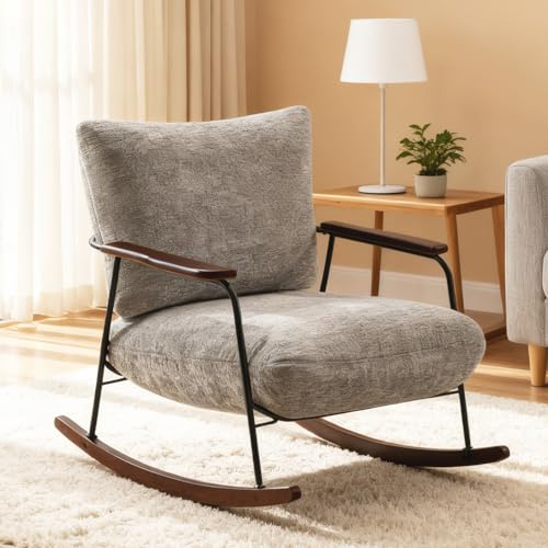 Hellove Schaukelstuhl mit Holzbein, Schaukelsessel Relaxsessel Stillsessel Chenille mit Armlehne, Rocking Chair Moderner Gepolsterter für Wohnzimmer Schlafzimmer Babyzimmer Nursing, Bis136 kg, Grau