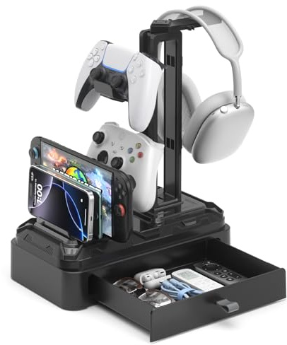 KDD Support Casque avec Tiroir - Porte Casque Rotatif & Manette Amovible pour Bureau - Organisateur Multifonctionnel avec Emplacement pour Téléphones, Tablettes - Accessoires Gaming