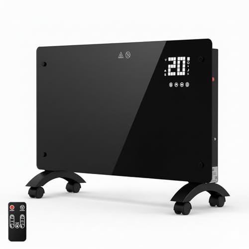 YOEVU Emisor Térmico de Cristal Negro 2500W | Pantalla LCD Táctil, Control Remoto, Ruedas y Soporte de Pared, Calefacción Eficiente y Versátil para el Hogar