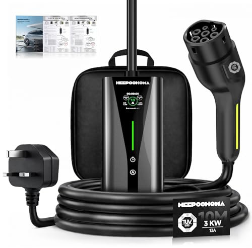 EV Charger 10M, 3 kW 6-13A 3 Pin EV Charger, Portable Electric Car Charger Cable Type 2 to 3 Pin Plug for up to 12H Delayed Start Charging with 2.4″ Screen, IP67 for EVs & PHEV