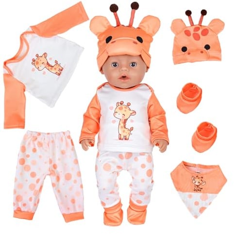 5 Pcs Baby Doll Clothes for 12-18 Inch Newborn Baby Doll, Orange Giraffe | Dolls Clothes with Top, Trousers, Hat, Bib and Socks for 35-45cm Dolls, Sweet Doll Clothes for Kids Birthday