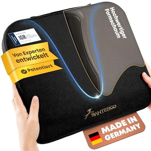 SANTERGO Ergonomisches Sitzkissen aus Formschaum [patentiert & formstabil] Stuhlkissen Keilkissen Stuhl | Bürostuhl Rollstuhl | Auto Sitzkissen orthopädisch | Rückenkissen Sitzpolster (schwarz)