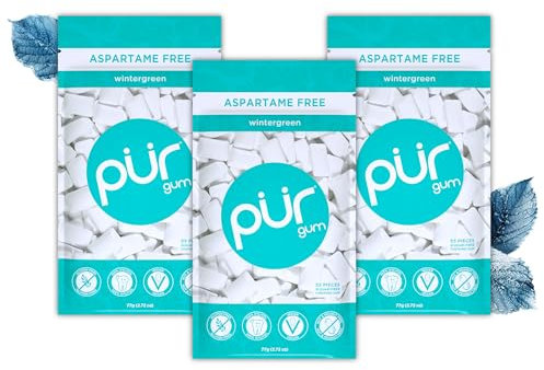 PUR Gum Chicle Sin Azúcar, Con Xilitol, Vegano, Sin Aspartamo y Sin Gluten, Chicle Natural Sabor a Wintergreen, 55 Piezas (Paquete de 3)