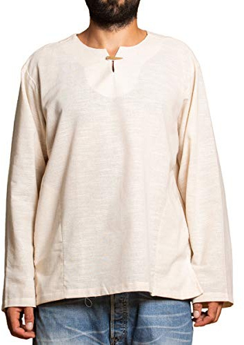 PANASIAM Fischerhemd Herren - Sommerhemd - Longsleeve Shirt - mit Holzknopf | Baumwollhemd aus 100% Baumwolle, Henley Shirt kragenlos, Fisherman Shirt für Alltag, Urlaub und als Mittelaltershirt T01