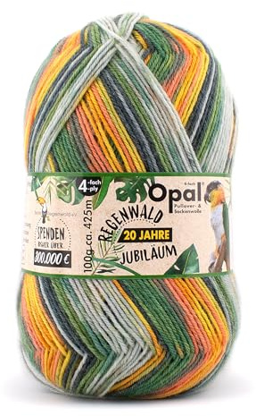 Opal Regenwald 20 Jahre Jubiläum (425m) 4-fädig Garn - Wollmischung, zum Stricken warmer Socken mit einzigartigen Farbmustern, 9770, 1 x 100g