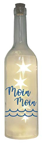 WB wohn trends LED-Flasche mit Motiv, Moin Moin Welle, blau, 29cm, Flaschen-Licht Glitzer-Flasche Leuchtflasche Lampe mit Text Spruch Nordsee Ostsee Meer maritim