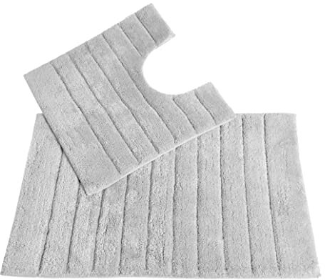 Allure Ribbed Design 2 Piece Bath and Pedestal Toilet Mat Set, 100% Cotton (Dove Grey)