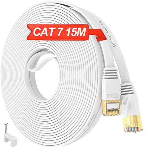 Ethernet Cable 15m Cat 7, Flat Internet Cable 15m High Speed, Shielded RJ45 Network Cable 10Gbps 600MHz STP, Long White LAN Cable Outdoor Indoor Gigabit Patch Cord for Router Modem Xbox PS5(15 Clips)
