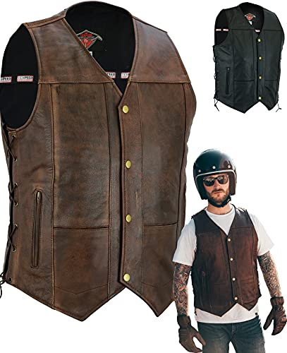 Texpeed motorrad leder weste herren - Chopper biker rocker lederweste - Reißverschlusstaschen mit geschnürt rindleder top-grain echtleder - Braun - (6XL)