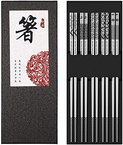 Lot de 5 paires de baguettes en métal réutilisables en acier inoxydable 18/8 - Passe au lave-vaisselle - Jolies baguettes japonaises coréennes gravées au laser - Antidérapantes - Pour cuisiner et