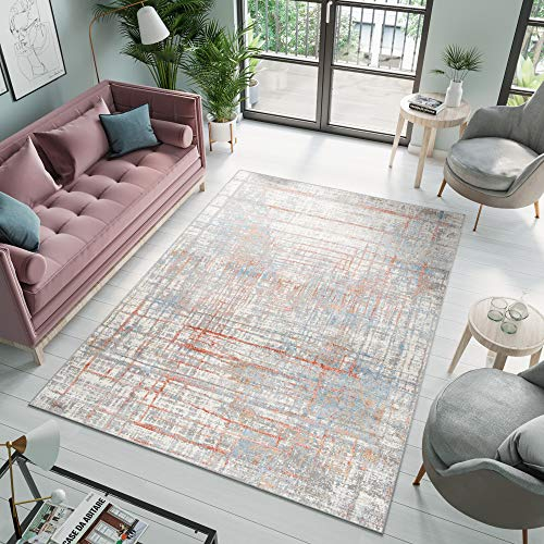 TAPISO Valley Teppich Kurzflor Grau Blau Orange Mehrfarbig Linien Meliert Verwischt Modern Abstrakt Design Wohnzimmer Schlafzimmer ÖKO-TEX 80 x 150 cm