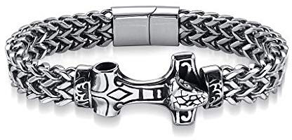 PiercingJak Viking Thor's Hammer Mjolnir Bracelet for Men Stainless Steel 12MM Curb Cuban Link Chain Bracelets with Magnetic Clasp Hammer Charm Cuff Bangle Wristband