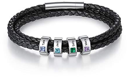 ALBERTBAND Herren Armband Schwarz Personalisierte Geburtssteine Armbänder Silber Leder Armband Damen mit Gravur 1-5 Namen Freundschaft Familie Geschenke Silber Charm Armband (4 names-21cm)