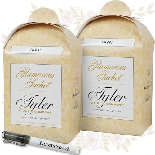 Tyler Candle Diva, 8 sobres de secadora reutilizables glamurosos, paquete de 2 (4 por paquete) con bolígrafo quitamanchas Lumintrail y hojas suavizantes de ropa para el hogar, aroma para limpiar